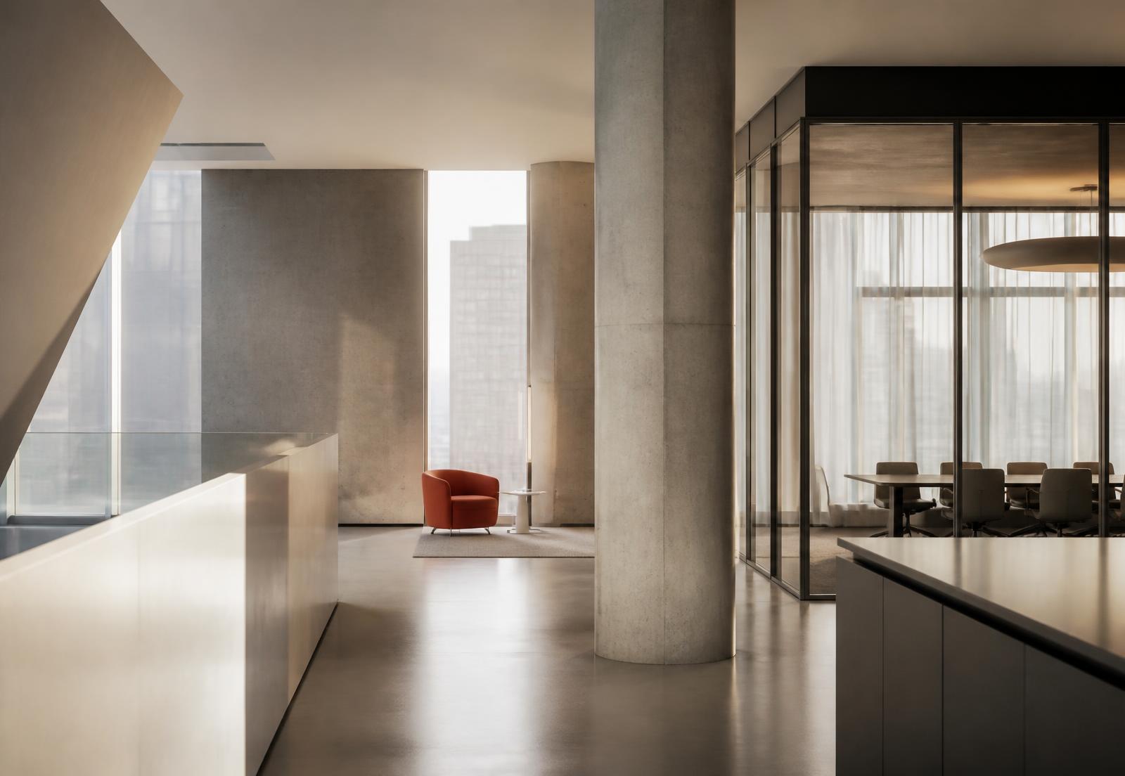 Calm, modern corporate workspace with concrete columns and daylight