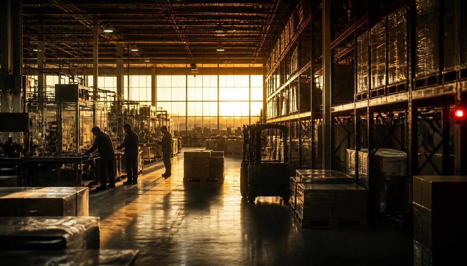 Operations floor at golden hour with racking and equipment